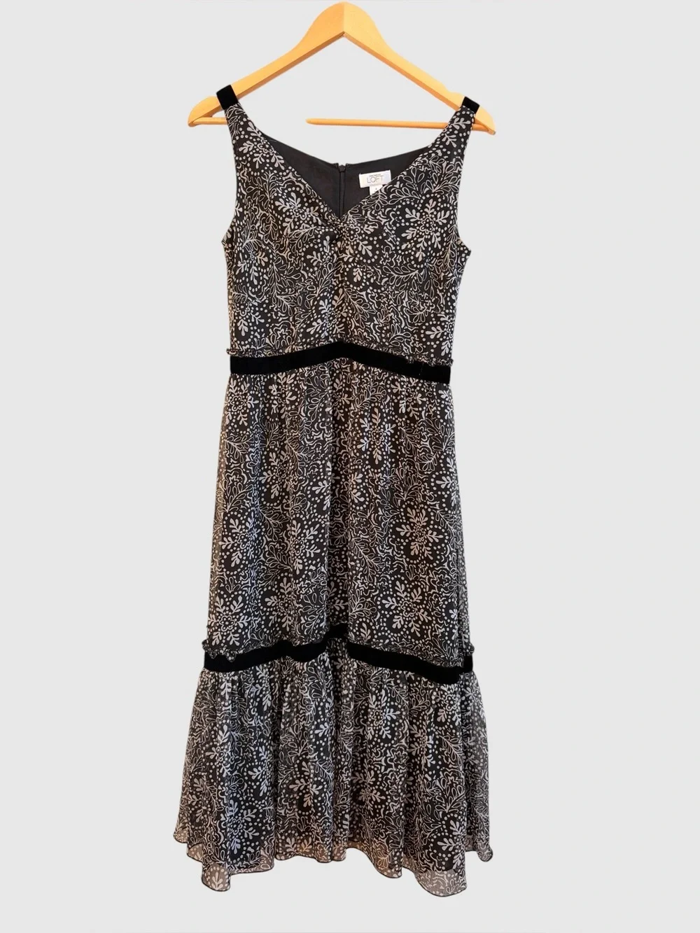 Loft black white floral velvet detail ruffle midi dress